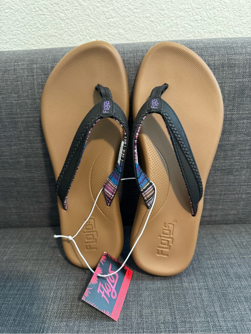 Flojos Women's Tan Footbed Flip Flop Sandals with Black Straps